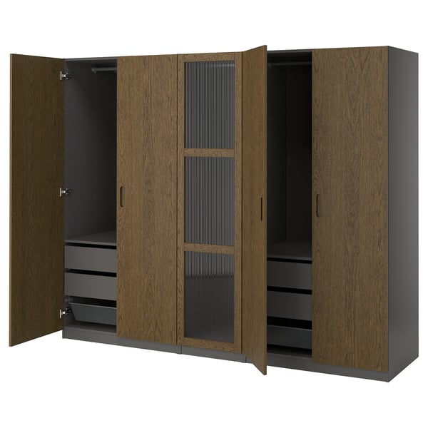 PAX / TONSTAD - Wardrobe combination, dark grey brown/ oak veneer/glass stain,250x60x201 cm