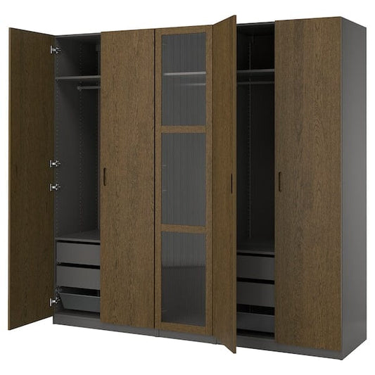 Ikea PAX / TONSTAD - Wardrobe combination, dark grey brown/ oak veneer/glass stain,250x60x236 cm