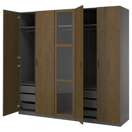 PAX / TONSTAD - Wardrobe combination, dark grey brown/ oak veneer/glass stain,250x60x236 cm