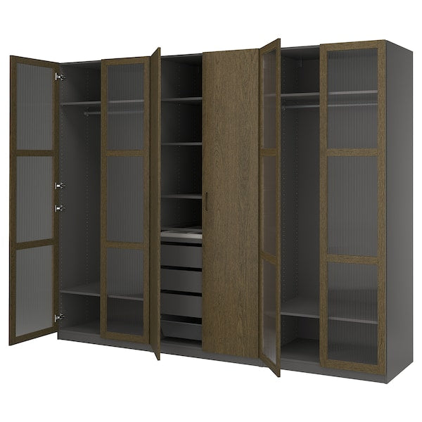 PAX / TONSTAD - Cloakroom combination, dark grey-brown/oak veneer/glass stain,300x60x236 cm