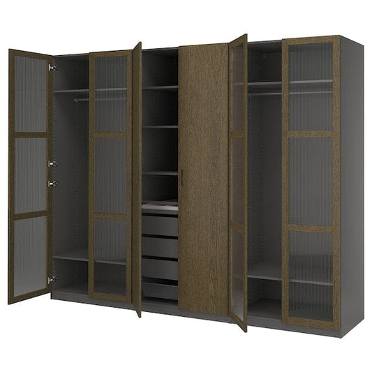 Ikea PAX / TONSTAD - Cloakroom combination, dark grey-brown/oak veneer/glass stain,300x60x236 cm