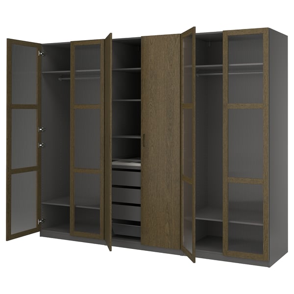 PAX / TONSTAD wardrobe combination, dark grey brown/stained oak veneer glass, 300x60x236 cm