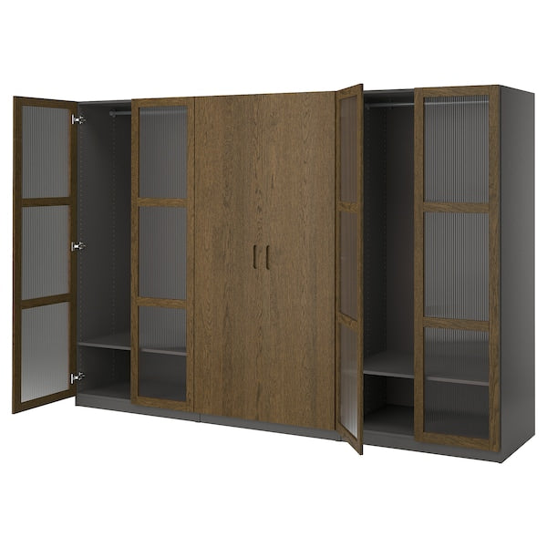 PAX / TONSTAD - Cloakroom combination, dark grey-brown/oak veneer/glass stain,300x60x201 cm