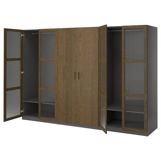 Ikea PAX / TONSTAD - Cloakroom combination, dark grey-brown/oak veneer/glass stain,300x60x201 cm