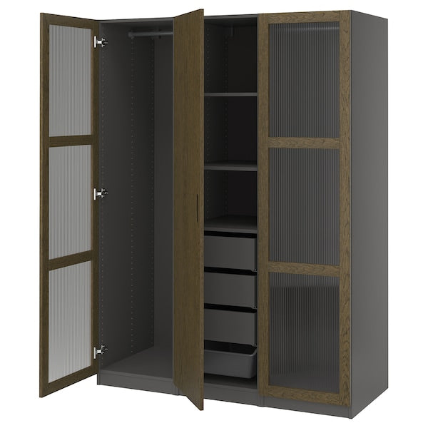 PAX / TONSTAD - Wardrobe combination, dark grey brown/ oak veneer/glass stain,150x60x201 cm