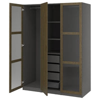 PAX / TONSTAD wardrobe combination, dark grey brown/stained oak veneer glass, 150x60x201 cm