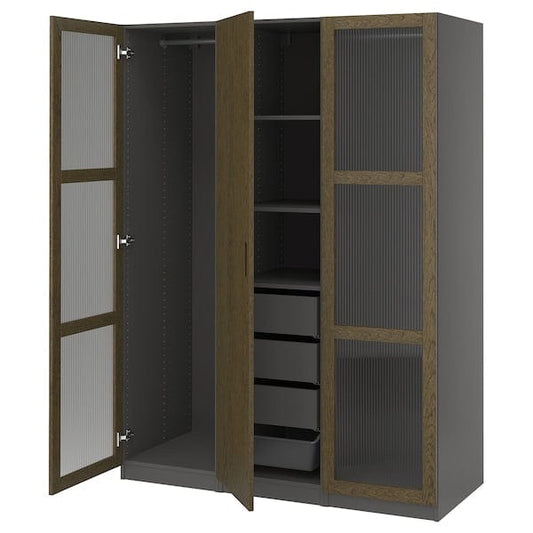 Ikea PAX / TONSTAD - Wardrobe combination, dark grey brown/ oak veneer/glass stain,150x60x201 cm