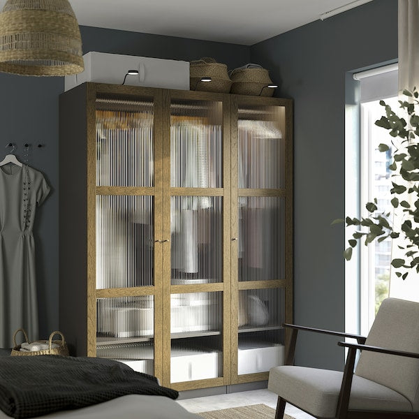 PAX / TONSTAD - Wardrobe combination, dark grey brown/ oak veneer/glass stain,150x60x201 cm