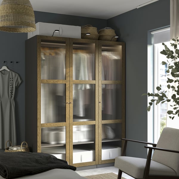 PAX / TONSTAD - Wardrobe combination, dark grey brown/ oak veneer/glass stain,150x60x201 cm