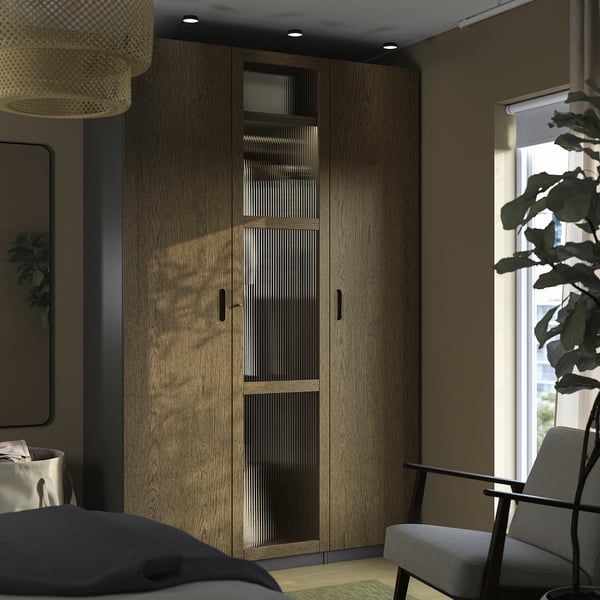 PAX / TONSTAD wardrobe combination, dark grey brown/stained oak veneer glass, 150x60x236 cm