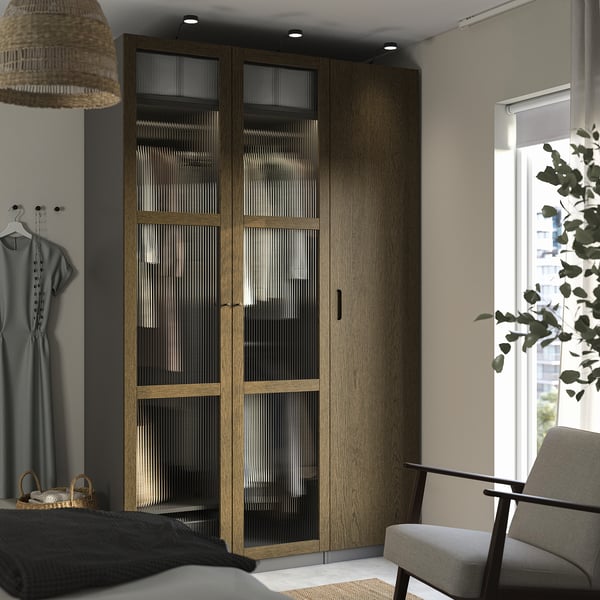 PAX / TONSTAD wardrobe combination, dark grey brown/stained oak veneer glass, 150x60x236 cm