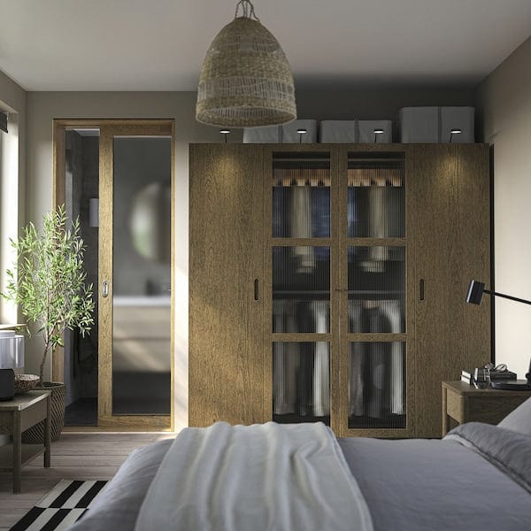 Ikea PAX / TONSTAD - Wardrobe combination, dark grey brown/ oak veneer/glass stain,200x60x201 cm