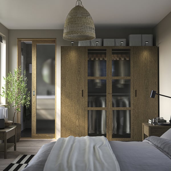 PAX / TONSTAD - Wardrobe combination, dark grey brown/ oak veneer/glass stain,200x60x201 cm