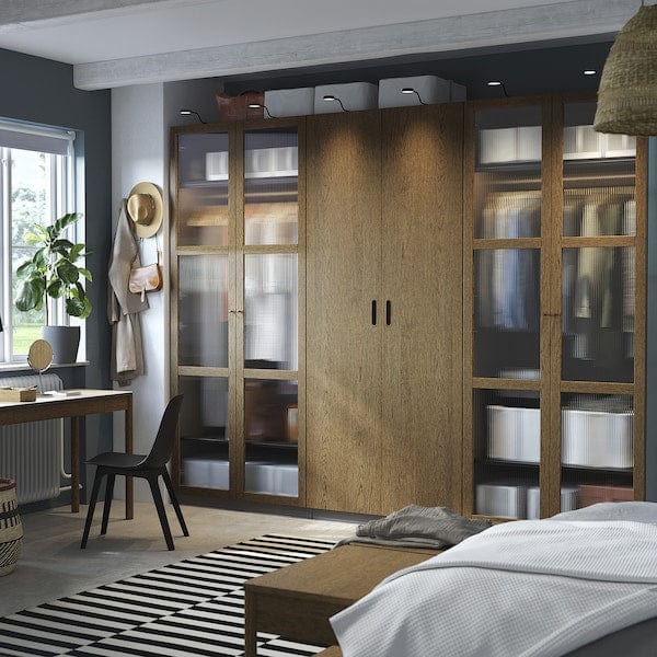 Ikea PAX / TONSTAD - Cloakroom combination, dark grey-brown/oak veneer/glass stain,300x60x236 cm