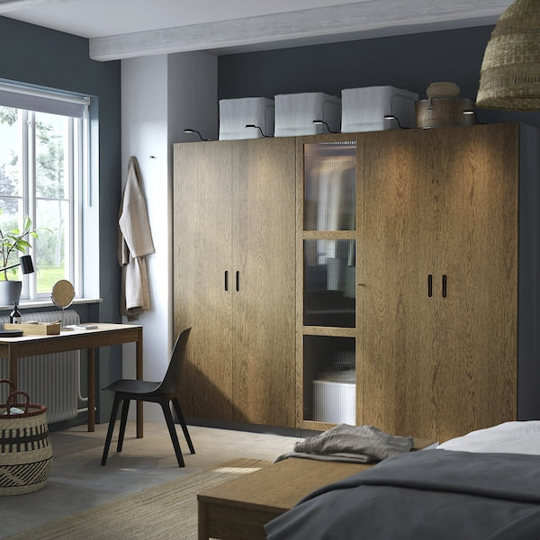 PAX / TONSTAD - Wardrobe combination, dark grey brown/ oak veneer/glass stain,250x60x201 cm