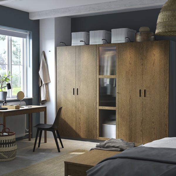 PAX / TONSTAD wardrobe combination, dark grey brown/stained oak veneer glass, 250x60x201 cm