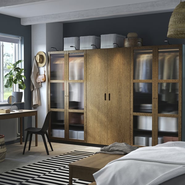 PAX / TONSTAD - Cloakroom combination, dark grey-brown/oak veneer/glass stain,300x60x201 cm