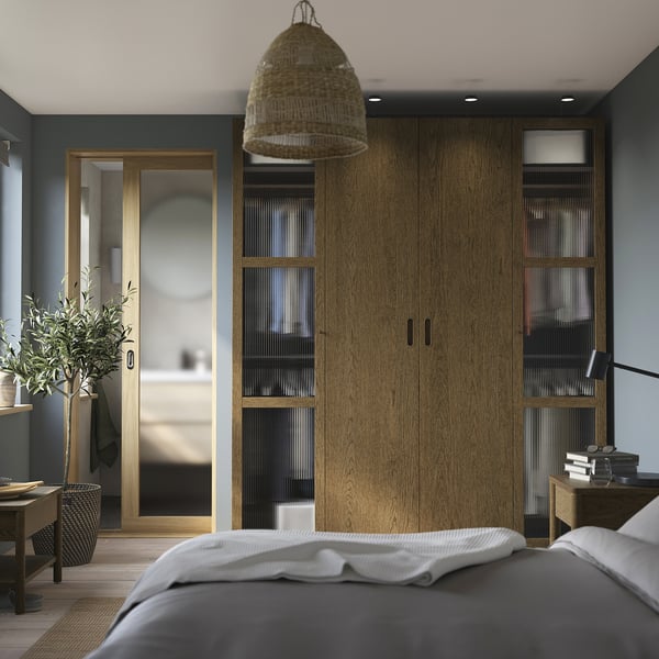 PAX / TONSTAD - Wardrobe combination, dark grey brown/ oak veneer/glass stain,200x60x236 cm