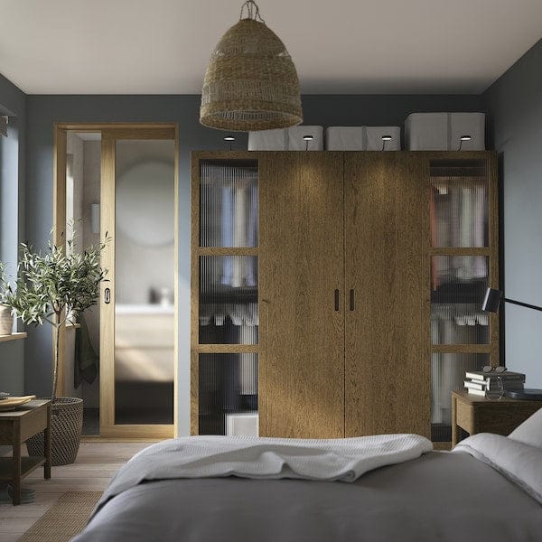 Ikea PAX / TONSTAD - Wardrobe combination, dark grey brown/ oak veneer/glass stain,200x60x201 cm