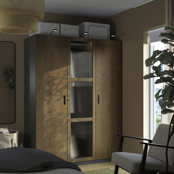 PAX / TONSTAD - Wardrobe combination, dark grey brown/ oak veneer/glass stain,150x60x201 cm