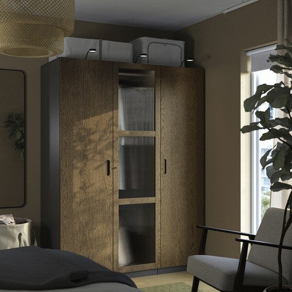 Ikea PAX / TONSTAD - Wardrobe combination, dark grey brown/ oak veneer/glass stain,150x60x201 cm