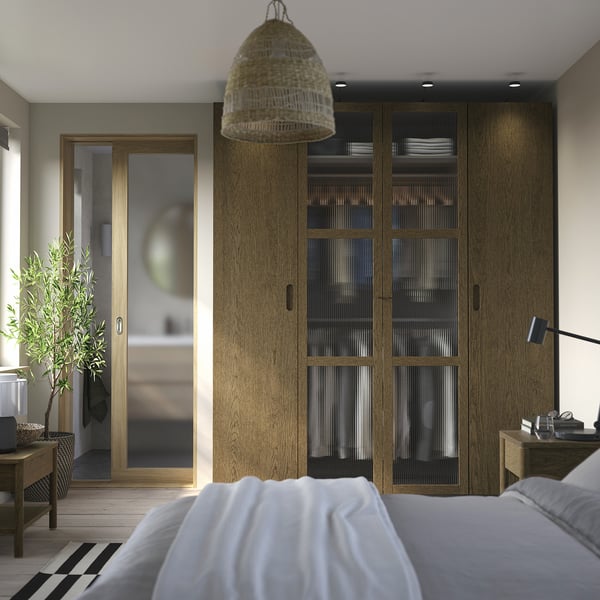 PAX / TONSTAD - Wardrobe combination, dark grey brown/ oak veneer/glass stain,200x60x236 cm