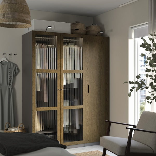 PAX / TONSTAD - Wardrobe combination, dark grey brown/ oak veneer/glass stain,150x60x201 cm