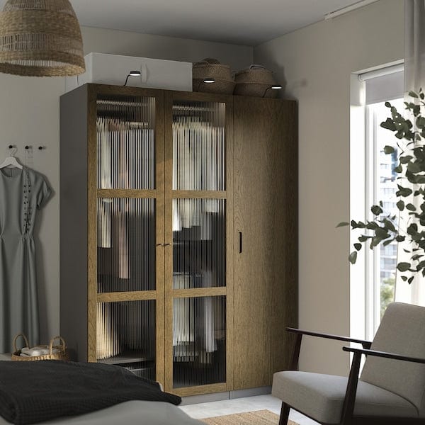 Ikea PAX / TONSTAD - Wardrobe combination, dark grey brown/ oak veneer/glass stain,150x60x201 cm