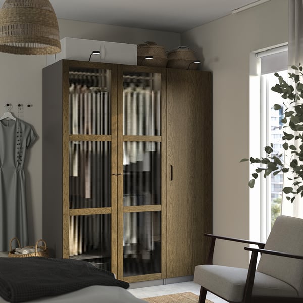 PAX / TONSTAD wardrobe combination, dark grey brown/stained oak veneer glass, 150x60x201 cm