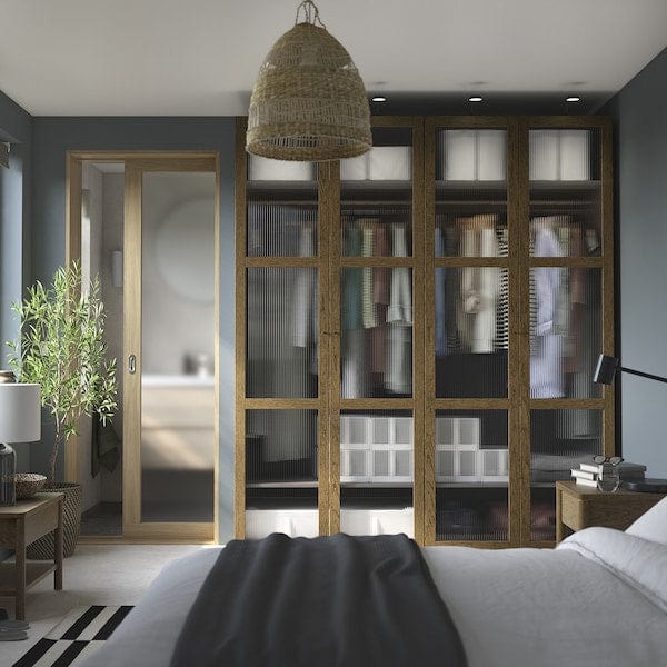 Ikea PAX / TONSTAD - Wardrobe combination, dark grey brown/ oak veneer/glass stain,200x60x236 cm