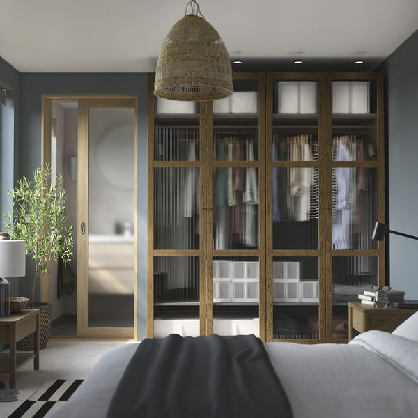 PAX / TONSTAD wardrobe combination, dark grey brown/stained oak veneer glass, 200x60x236 cm
