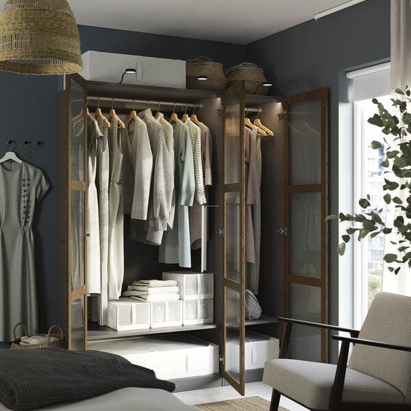 Ikea PAX / TONSTAD - Wardrobe combination, dark grey brown/ oak veneer/glass stain,150x60x201 cm