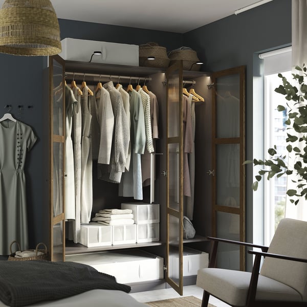 PAX / TONSTAD - Wardrobe combination, dark grey brown/ oak veneer/glass stain,150x60x201 cm