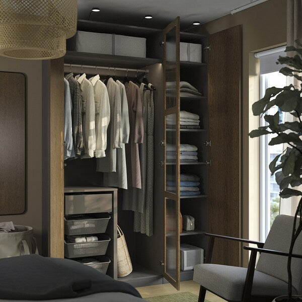 PAX / TONSTAD - Cloakroom combination, dark grey-brown/oak veneer/glass stain,150x60x236 cm