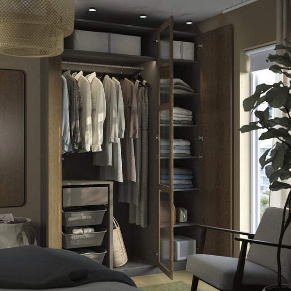 PAX / TONSTAD wardrobe combination, dark grey brown/stained oak veneer glass, 150x60x236 cm