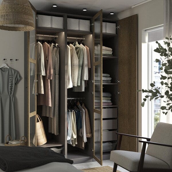 Ikea PAX / TONSTAD - Cloakroom combination, dark grey-brown/oak veneer/glass stain,150x60x236 cm