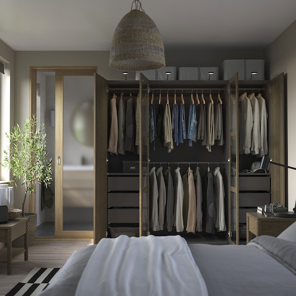 PAX / TONSTAD - Wardrobe combination, dark grey brown/ oak veneer/glass stain,200x60x201 cm