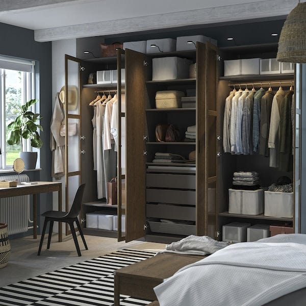 Ikea PAX / TONSTAD - Cloakroom combination, dark grey-brown/oak veneer/glass stain,300x60x236 cm