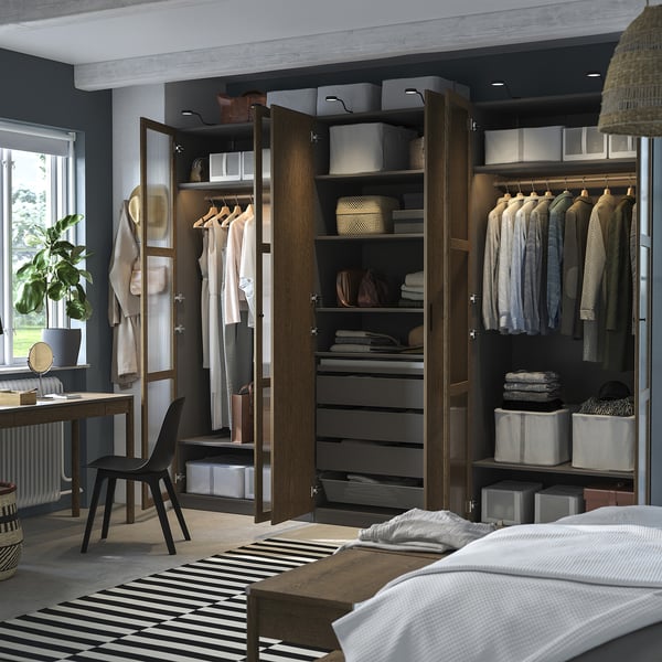 PAX / TONSTAD wardrobe combination, dark grey brown/stained oak veneer glass, 300x60x236 cm