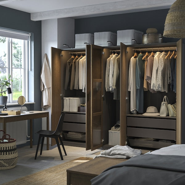 PAX / TONSTAD - Wardrobe combination, dark grey brown/ oak veneer/glass stain,250x60x201 cm