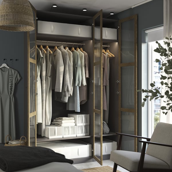 PAX / TONSTAD wardrobe combination, dark grey brown/stained oak veneer glass, 150x60x236 cm