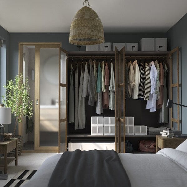 Ikea PAX / TONSTAD - Wardrobe combination, dark grey brown/ oak veneer/glass stain,200x60x201 cm