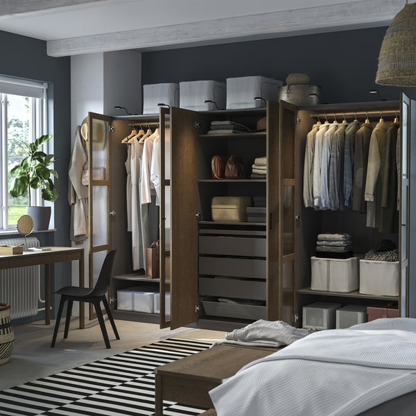 PAX / TONSTAD wardrobe combination, dark grey brown/stained oak veneer glass, 300x60x201 cm