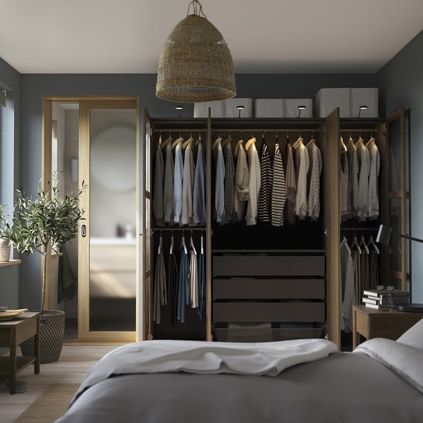 PAX / TONSTAD - Wardrobe combination, dark grey brown/ oak veneer/glass stain,200x60x201 cm