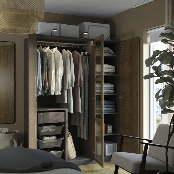 PAX / TONSTAD - Wardrobe combination, dark grey brown/ oak veneer/glass stain,150x60x201 cm