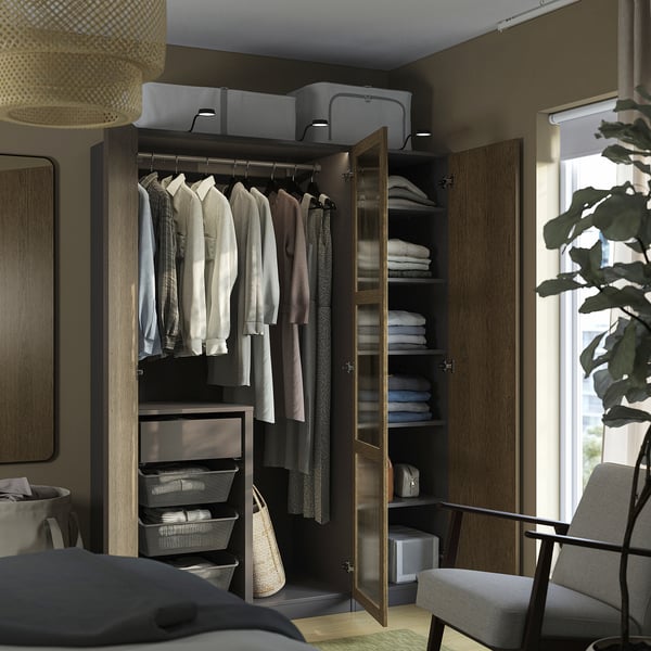 PAX / TONSTAD wardrobe combination, dark grey brown/stained oak veneer glass, 150x60x201 cm