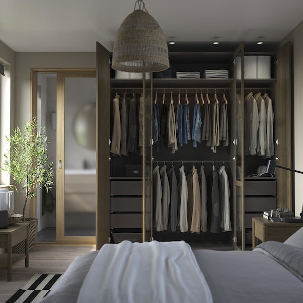 PAX / TONSTAD - Wardrobe combination, dark grey brown/ oak veneer/glass stain,200x60x236 cm