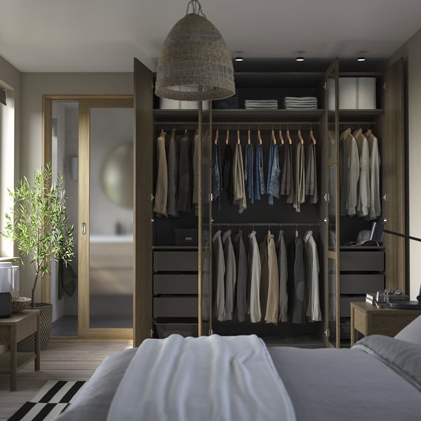 PAX / TONSTAD - Wardrobe combination, dark grey brown/ oak veneer/glass stain,200x60x236 cm