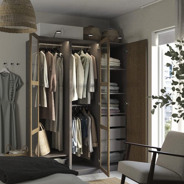 Ikea PAX / TONSTAD - Wardrobe combination, dark grey brown/ oak veneer/glass stain,150x60x201 cm