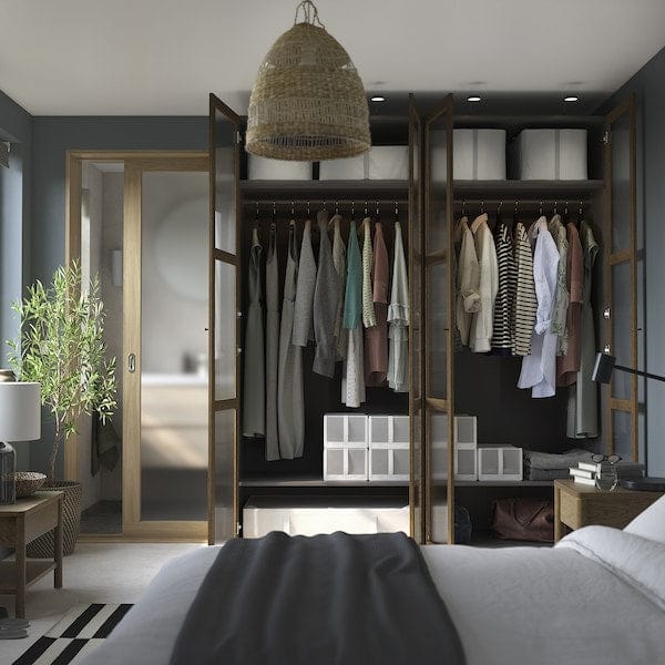 Ikea PAX / TONSTAD - Wardrobe combination, dark grey brown/ oak veneer/glass stain,200x60x236 cm